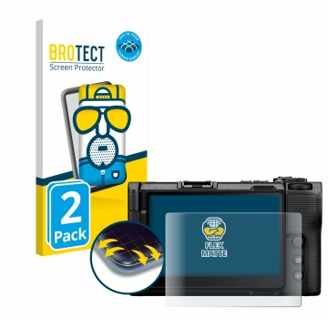 Front side of a product packaging with the brand logo BROTECT. Next to it is the device Nikon ZR 2025 shown with the correspon