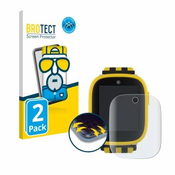 Front side of a product packaging with the brand logo BROTECT. Next to it is the device Xplora X6 Play BVB-Edition shown with 