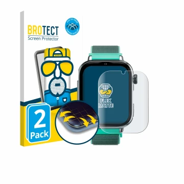 Front side of a product packaging with the brand logo BROTECT. Next to it is the device SaveFamily SaveWatch Plus 2 shown with