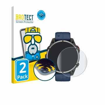 Front side of a product packaging with the brand logo BROTECT. Next to it is the device Garmin quatix 8 Pro (47 mm) shown with