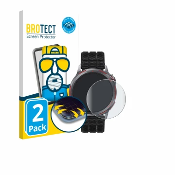 Front side of a product packaging with the brand logo BROTECT. Next to it is the device Huawei Watch GT Runner 2 shown with th