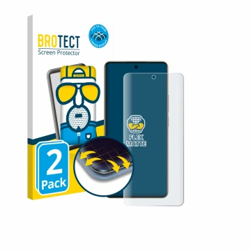 Front side of a product packaging with the brand logo BROTECT. Next to it is the device realme 16 Pro Plus shown with the corr