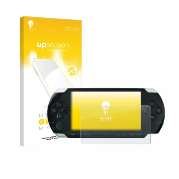 Front side of a product packaging with the brand logo upscreen. Next to it is the device Sony PSP 1000 shown with the correspo