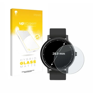 Front side of a product packaging with the brand logo upscreen. Next to it is the device Watches (Circular, ø: 28 mm) shown wi