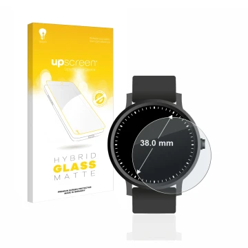 Front side of a product packaging with the brand logo upscreen. Next to it is the device Watches (Circular, ø: 38 mm) shown wi