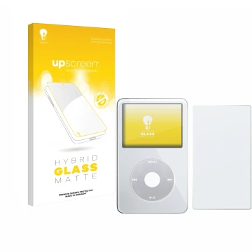 Front side of a product packaging with the brand logo upscreen. Next to it is the device Apple iPod Classic Video (Front+Back)