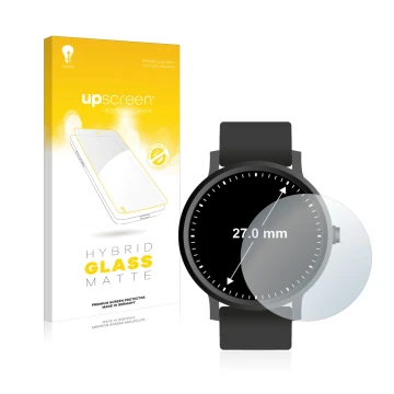 Front side of a product packaging with the brand logo upscreen. Next to it is the device Watches (Circular, ø: 27 mm) shown wi