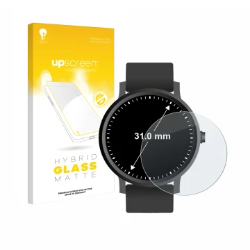 Front side of a product packaging with the brand logo upscreen. Next to it is the device Watches (circular, ø: 31 mm) shown wi