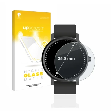 Front side of a product packaging with the brand logo upscreen. Next to it is the device Watches (Circular, ø: 35 mm) shown wi