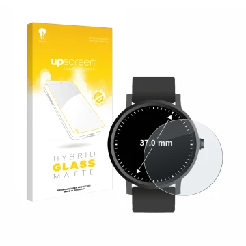Front side of a product packaging with the brand logo upscreen. Next to it is the device Watches (Circular, ø: 37 mm) shown wi