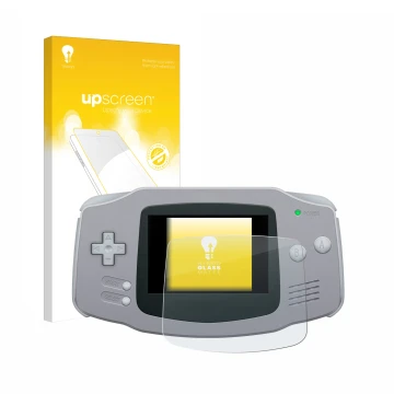 Front side of a product packaging with the brand logo upscreen. Next to it is the device Nintendo Gameboy Advance GBA shown wi