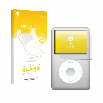 Front side of a product packaging with the brand logo upscreen. Next to it is the device Apple iPod classic 160 GB (7th Gen.) 