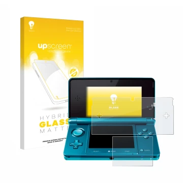Front side of a product packaging with the brand logo upscreen. Next to it is the device Nintendo 3DS shown with the correspon