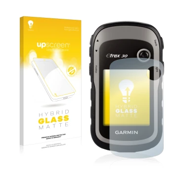 Front side of a product packaging with the brand logo upscreen. Next to it is the device Garmin eTrex 30 shown with the corres