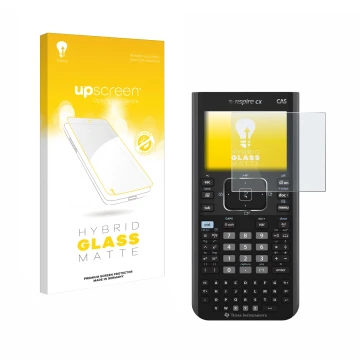 Front side of a product packaging with the brand logo upscreen. Next to it is the device Texas Instruments Nspire CX CAS shown