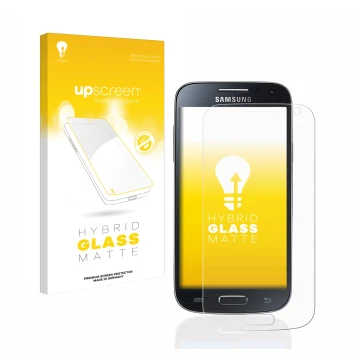 Front side of a product packaging with the brand logo upscreen. Next to it is the device Samsung Galaxy S4 Mini shown with the