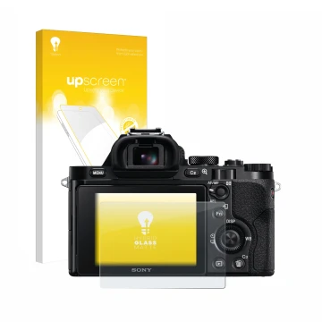 Front side of a product packaging with the brand logo upscreen. Next to it is the device Sony Alpha 7 (ILCE-7) shown with the 