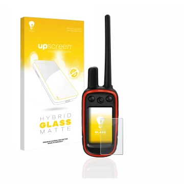 Front side of a product packaging with the brand logo upscreen. Next to it is the device Garmin Alpha 100 shown with the corre