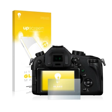 Front side of a product packaging with the brand logo upscreen. Next to it is the device Panasonic Lumix DMC-FZ1000 shown with