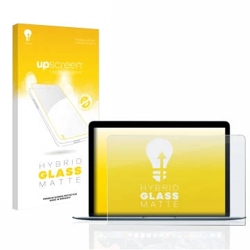 Front side of a product packaging with the brand logo upscreen. Next to it is the device Apple MacBook 12