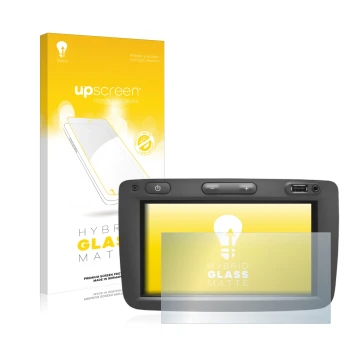 Front side of a product packaging with the brand logo upscreen. Next to it is the device Dacia Media Nav shown with the corres