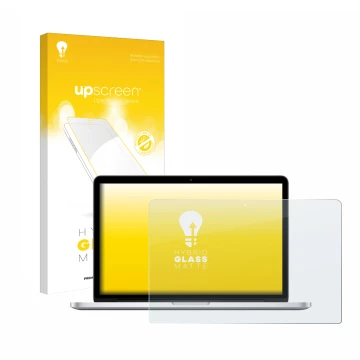 Front side of a product packaging with the brand logo upscreen. Next to it is the device Apple MacBook Retina Pro 13