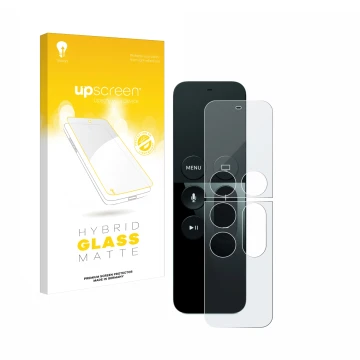Front side of a product packaging with the brand logo upscreen. Next to it is the device Apple Remote Control Apple TV 4 shown