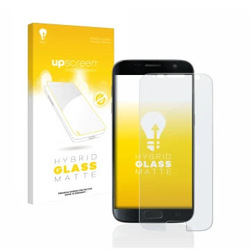 Front side of a product packaging with the brand logo upscreen. Next to it is the device Samsung Galaxy S7 shown with the corr