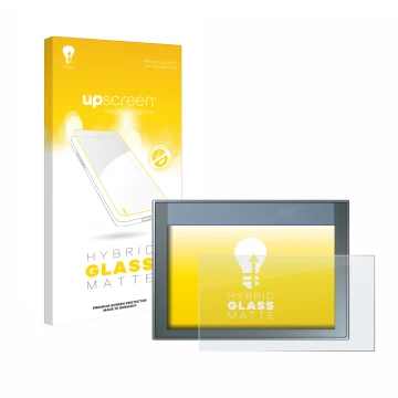 Front side of a product packaging with the brand logo upscreen. Next to it is the device Siemens Simatic HMI KTP 700 Basic sho