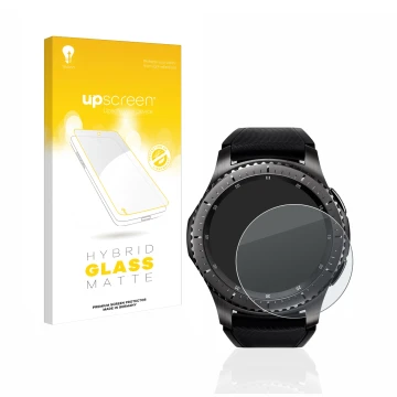 Front side of a product packaging with the brand logo upscreen. Next to it is the device Samsung Gear S3 Frontier shown with t