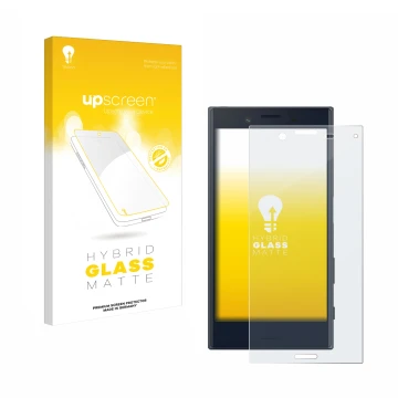 Front side of a product packaging with the brand logo upscreen. Next to it is the device Sony Xperia X Compact shown with the 