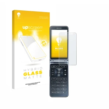 Front side of a product packaging with the brand logo upscreen. Next to it is the device Samsung Galaxy Folder 2 shown with th