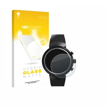 Front side of a product packaging with the brand logo upscreen. Next to it is the device ASUS ZenWatch 3 1.39