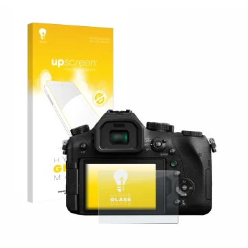 Front side of a product packaging with the brand logo upscreen. Next to it is the device Panasonic Lumix DMC-FZ2000 shown with