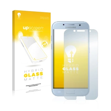 Front side of a product packaging with the brand logo upscreen. Next to it is the device Samsung Galaxy A5 2017 shown with the