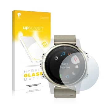 Front side of a product packaging with the brand logo upscreen. Next to it is the device Garmin Fenix 5S (42 mm) shown with th