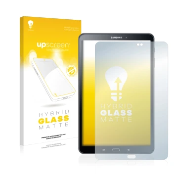 Front side of a product packaging with the brand logo upscreen. Next to it is the device Samsung Galaxy Tab A 10.1 2016 shown 