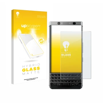 Front side of a product packaging with the brand logo upscreen. Next to it is the device BlackBerry Keyone shown with the corr