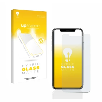 Front side of a product packaging with the brand logo upscreen. Next to it is the device Apple iPhone X shown with the corresp