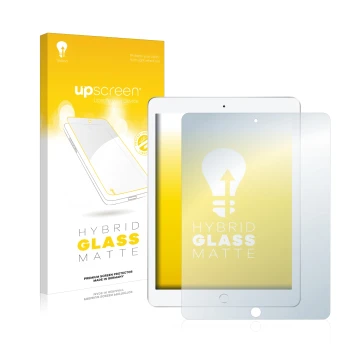 Front side of a product packaging with the brand logo upscreen. Next to it is the device Apple iPad 9.7 2017 (5th. Gen.) shown