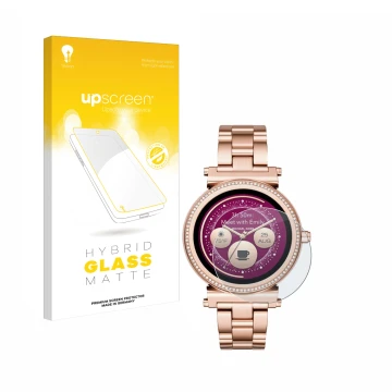 Front side of a product packaging with the brand logo upscreen. Next to it is the device Michael Kors Access Sofie shown with 
