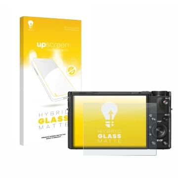 Front side of a product packaging with the brand logo upscreen. Next to it is the device Sony Cyber-Shot DSC-RX100 V shown wit