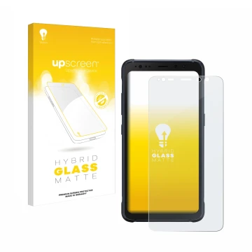 Front side of a product packaging with the brand logo upscreen. Next to it is the device Samsung Galaxy S8 Active shown with t