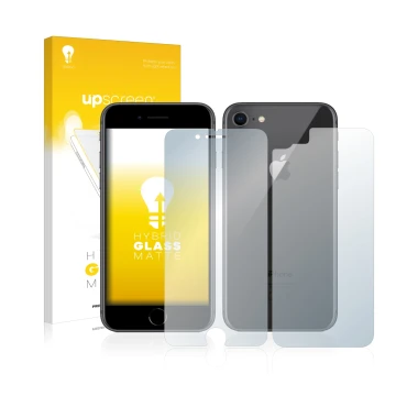 Front side of a product packaging with the brand logo upscreen. Next to it is the device Apple iPhone 8 (Front+Back) shown wit