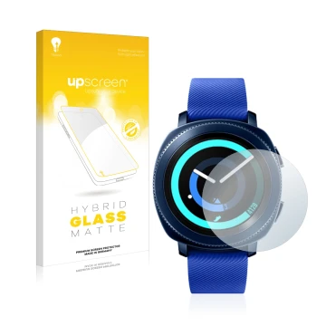 Front side of a product packaging with the brand logo upscreen. Next to it is the device Samsung Gear Sport shown with the cor