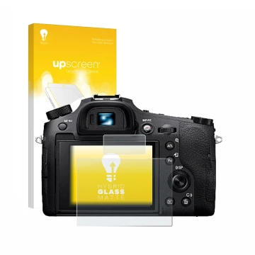 Front side of a product packaging with the brand logo upscreen. Next to it is the device Sony Cyber-Shot DSC-RX10 IV shown wit