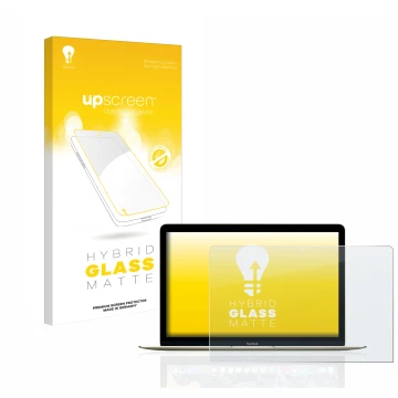 Front side of a product packaging with the brand logo upscreen. Next to it is the device Apple MacBook Retina 12