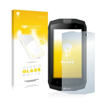 Front side of a product packaging with the brand logo upscreen. Next to it is the device Crosscall Trekker M1 Core shown with 