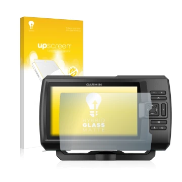 Front side of a product packaging with the brand logo upscreen. Next to it is the device Garmin Striker Plus 5cv shown with th