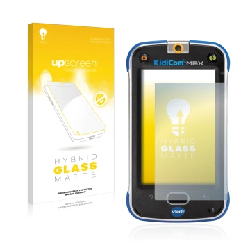 Front side of a product packaging with the brand logo upscreen. Next to it is the device Vtech Kidicom Max shown with the corr